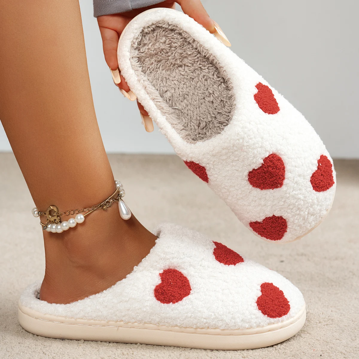 Small Heart Pattern Warm Comfy Slippers Cute Girl Interesting Women Leisure Bedroom Winter Indoor Plush Home Soft Sole Shoes