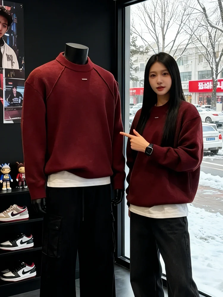 

Мужской вязаный свитер ручной работы из полиэстера и акрила, красный, круглый вырез, свободный крой, для зимнего сезона, в стиле ретро