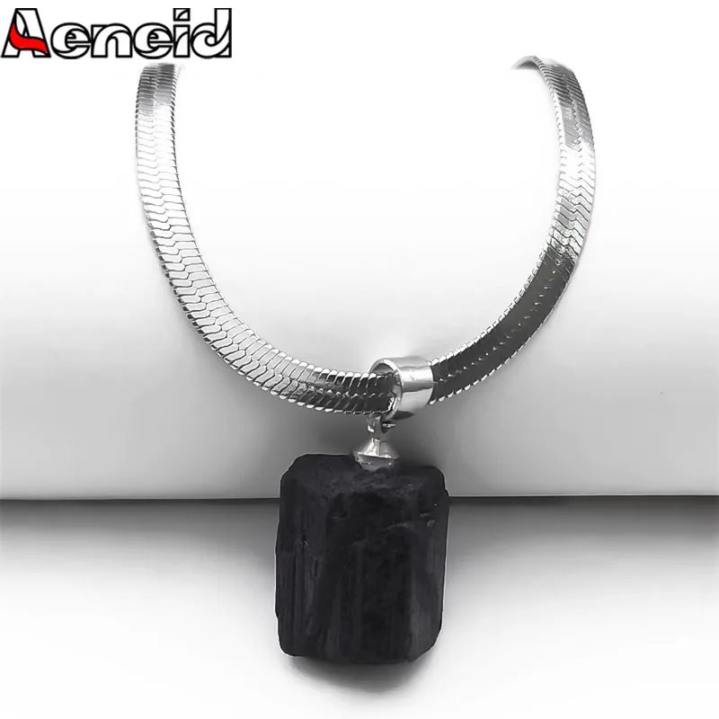 Irregular Natural Black Tourmaline Pendant Necklace for Women Men Stainless Steel Snake Blade Chain Necklaces Jewelry NXXXXS04