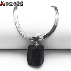 Irregular Natural Black Tourmaline Pendant Necklace for Women Men Stainless Steel Snake Blade Chain Necklaces Jewelry NXXXXS04