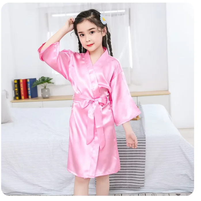 Pink Bathrobes for Girls Nightwear Satin Silk Kids Robes Summer Girl Nightgown Sleepwear Children Kimono Wedding Spa Party Dress