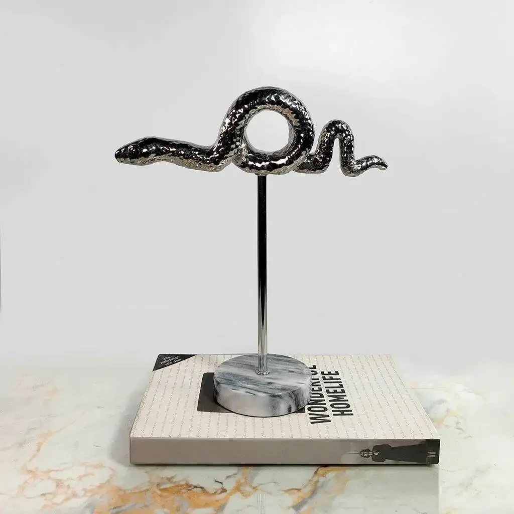Ceramic Handicrafts Silver Snake Figurine Simulated Snake Statue Marble Base Decorative Figurines Home Decoration Accessories
