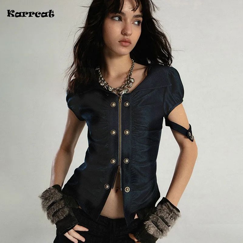 Karrcat Grunge Aesthetics Zipper T-shirt Trashy Y2k Irregular Tops Vintage Wasteland Punk Short Sleeve Tee Shirt American Retro