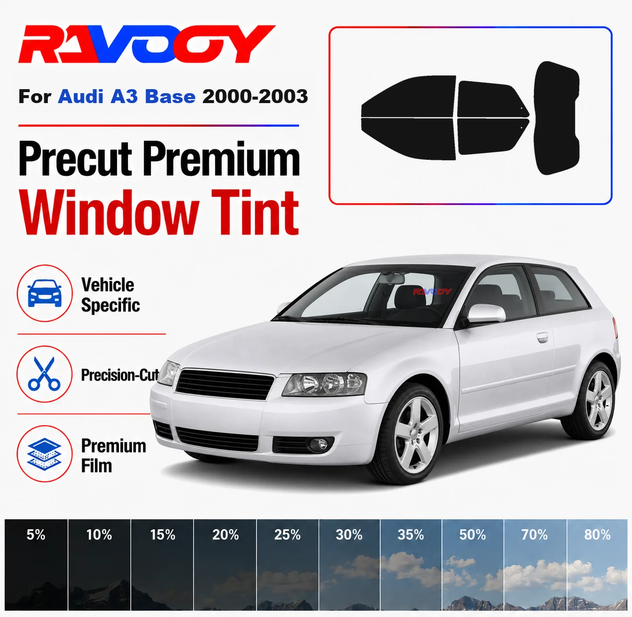 

Premium Precut Window Tint Kit Front Windows Rear Windows Rear Windshield For Audi A3 Base 2000-2003 Car Solar Nano Ceramic Film