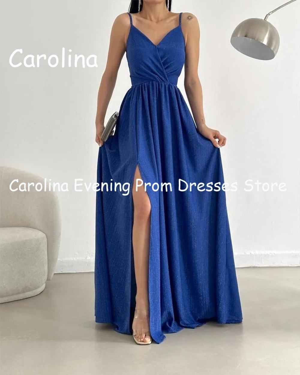 Carolina Satin A-line V-neck Ruffle Arab Prom Gown Floor Length Saudi Evening Formal Elegant Party Dress for Women 2023