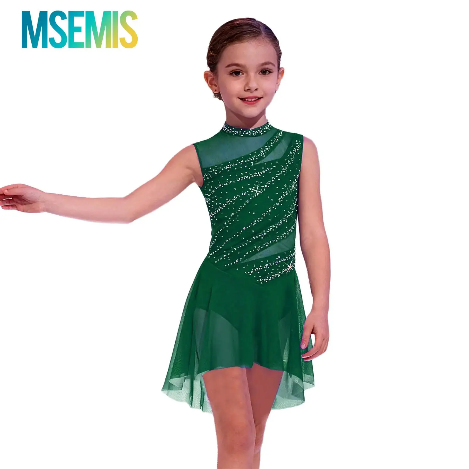 

Kids Girls Shiny Rhinestone Gymnastics Figure Skating Ballet Leotards Dress Sheer Mesh Ruched Lyrical Dance Performance Costume