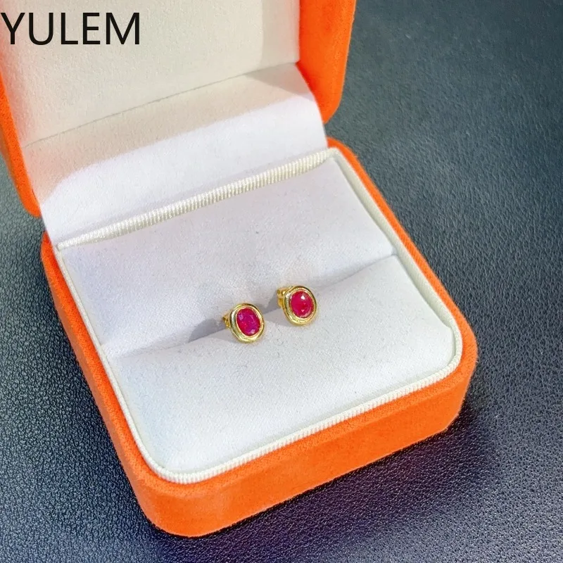 YULEM Classic 925 Silver Ruby Earrings 4mm*5mm Natural Ruby Stud Earrings for Daily Wear 18K Gold Plated Jewelry