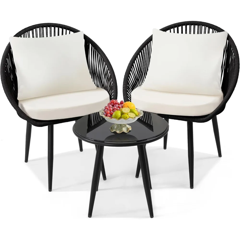 

3 Piece Bistro Set, Woven Rope Chair with Cushions, All Weather Patio Conversation Set with Side Table, Ideal for Deck, Balcony,