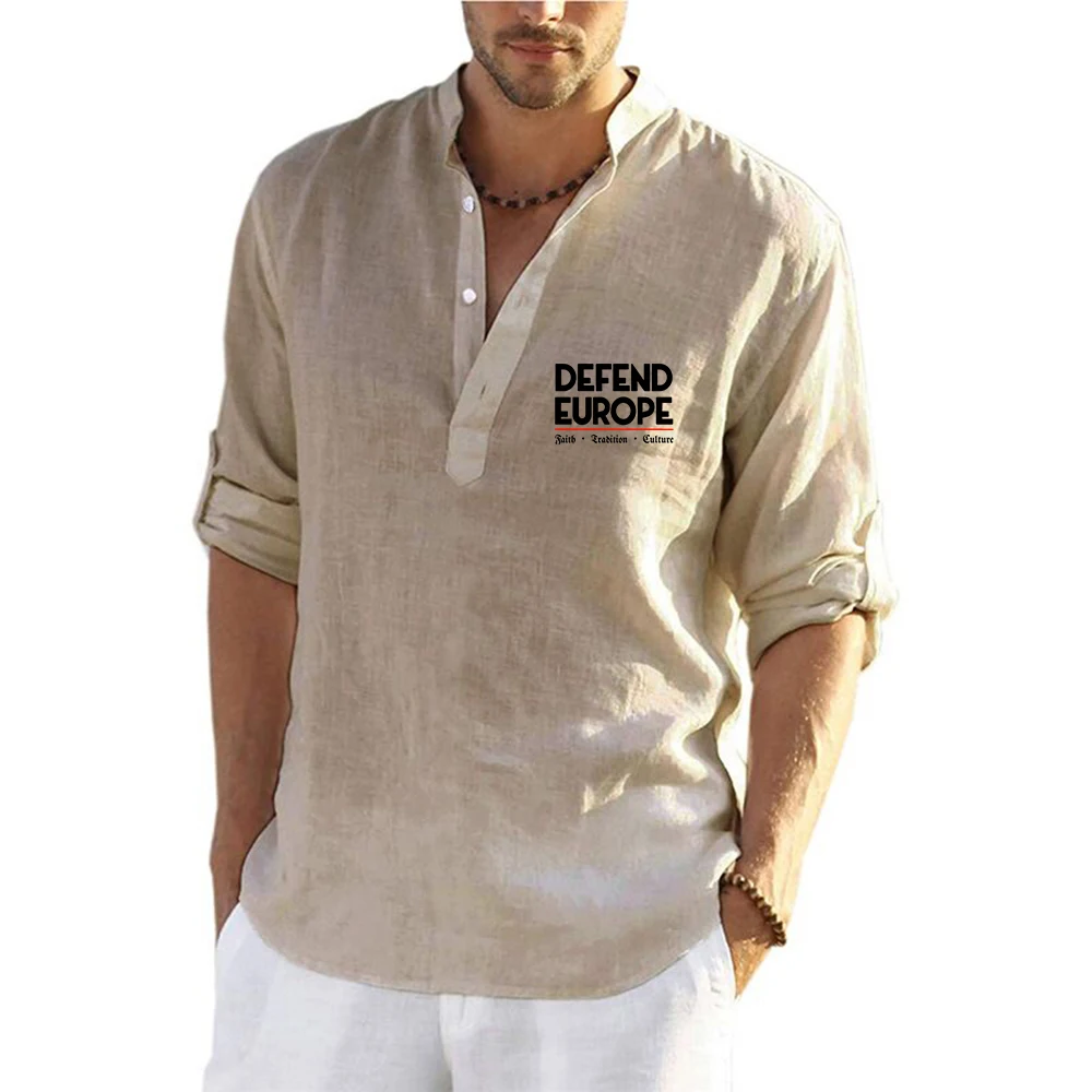 Defend Europe Logo Print 2026 Summer New Style Men's Flax Shirt Street Casual Fashion Comfortable Soft Long Sleeve Top