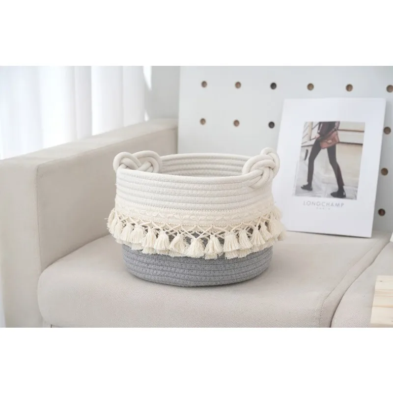 Auspicious buckle modeling fringed cotton rope woven storage basket dirty clothes basket toy sundries storage basket