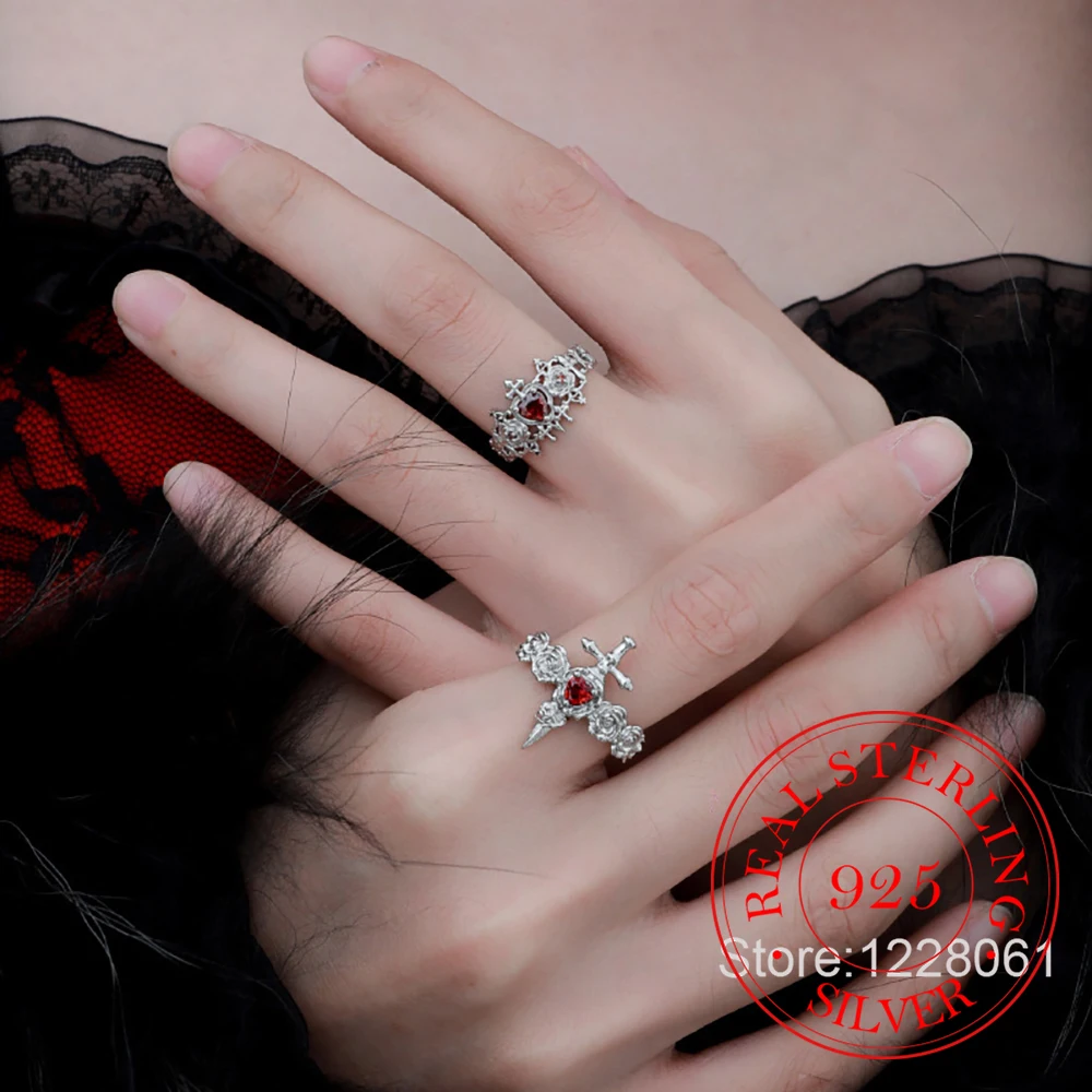 925 Sterling Silver Jewelry Geometric Red Zircon Cross Crown Finger Rings for Women Wedding Party Jewelry For Girls Friend Gift
