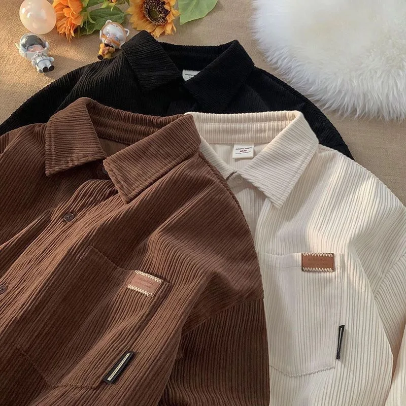 Solid Corduroy POLO Shirts for Men Couples Long Sleeve Oversized Casual Blouses Dark Brown All-match Autumn Winter Basic Clothes