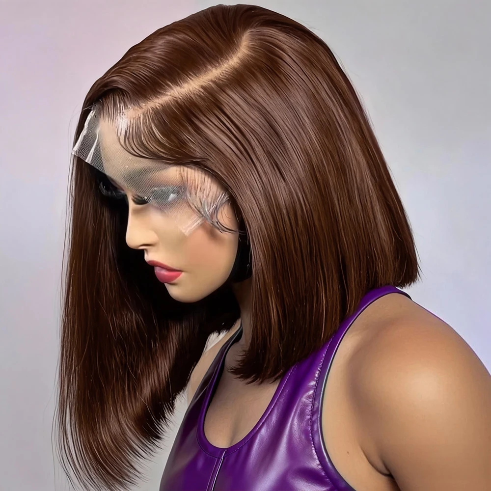 Vietnamesische schokoladenbraune geflochtene Wear Go PrePlucked Straight 100 % Echthaar, leimlose kurze Bob-Perücken, 13 x 4 HD-Spitzenfrontperücken