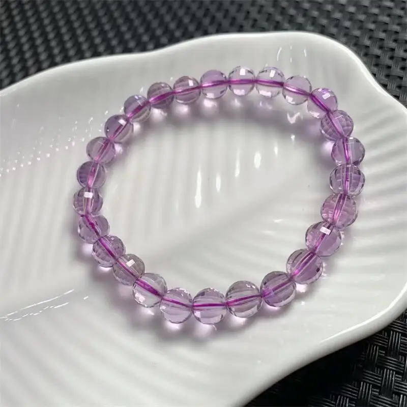 7.5MM Natural Amethyst Facet Bead Bracelet Women Fashion Round Stone Elegant Healing Strand Wristband Gift 1PCS