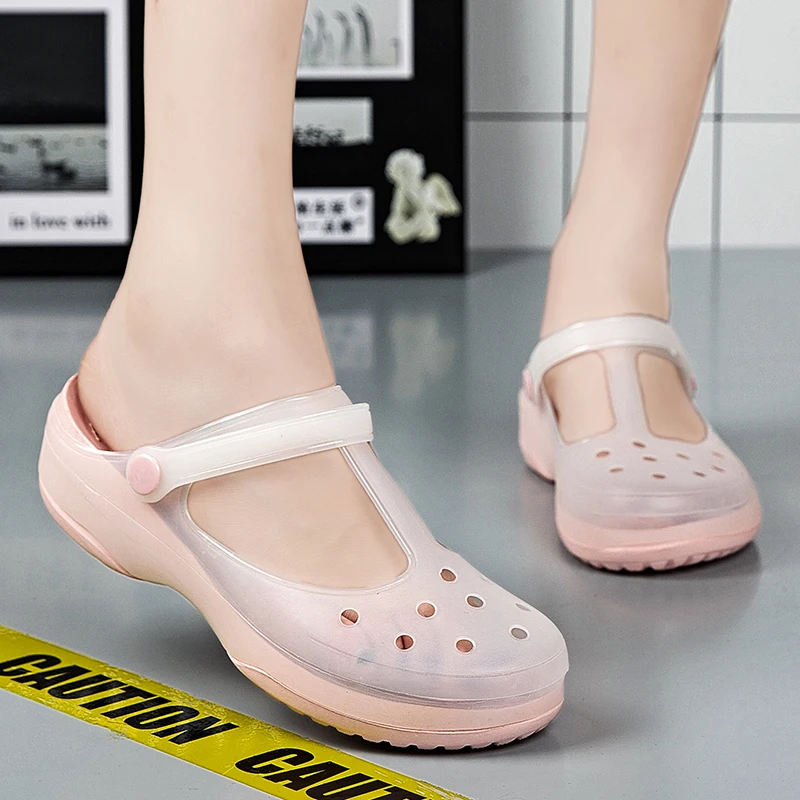 Summer Women Mary Jane Beach Sandals Hollow Out Breathable Jelly Garden Shoes Soft Bottom Anti Slip Slope Heel Cool Slippers
