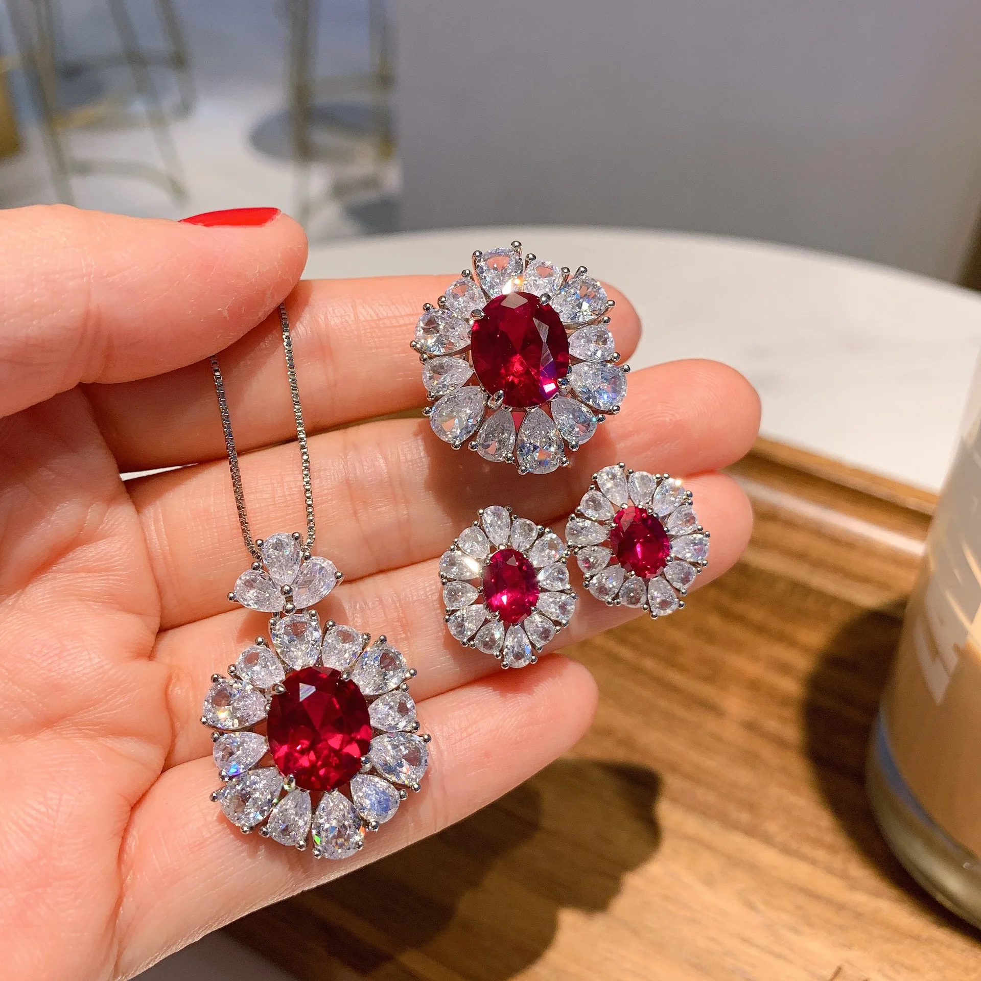 Fashion Indian Jewelry Set 10*12mm Ruby Gemstone Crystal Pendant Earrings Dating Ring Necklace Magic Luxury Vintage Trend Gift