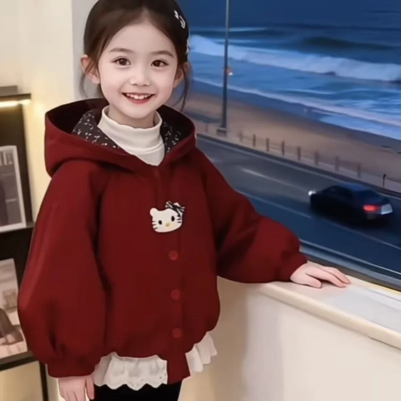 

Kawaii Hello Kitty Sanrio Children Cute Cartoon Comfortable Warm Jacket Sportswear with Cotton Coat Blouse Gift for Kids