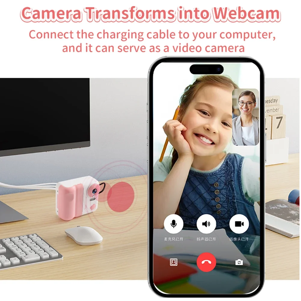 HD 1080P enfants Mini caméra d'impression instantanée 2.4 IPS écran caméra d'impression Photo instantanée caméra vidéo pour filles garçons âgés de 3 à 12 ans