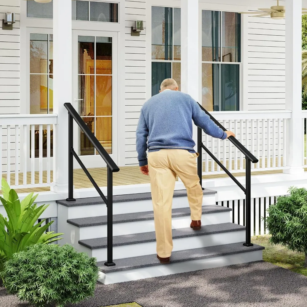 2 Pack 4 Step Hand Rails for Outdoor Steps, Wrought Iron Railing, Exterior Hand Railing for Steps, Porch Railing Kit