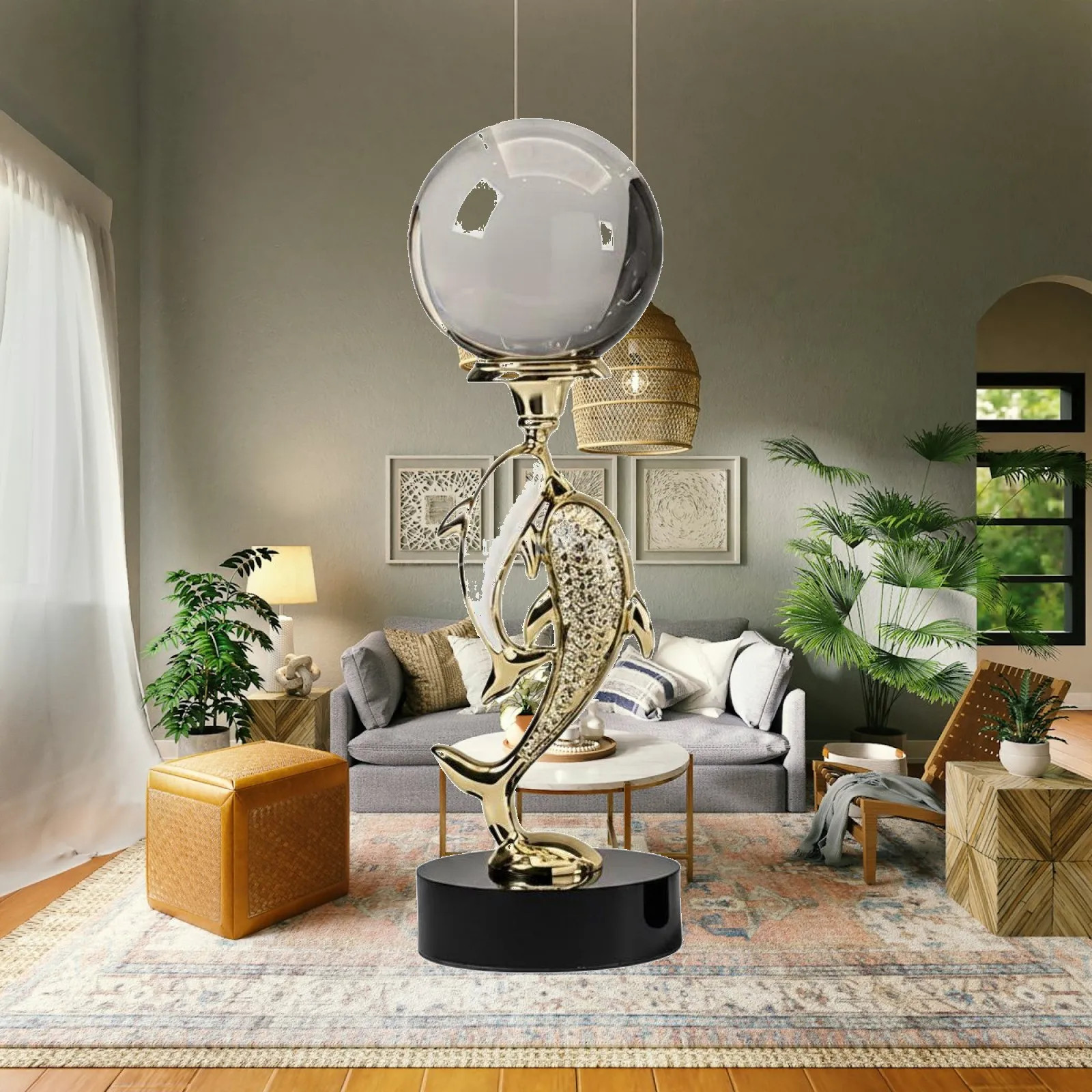 Dolphin Crystal Ball Ornament Elegant Luxury Dolphin Figurine Display Piece for Living Room, Entryway, Bar Cabinet