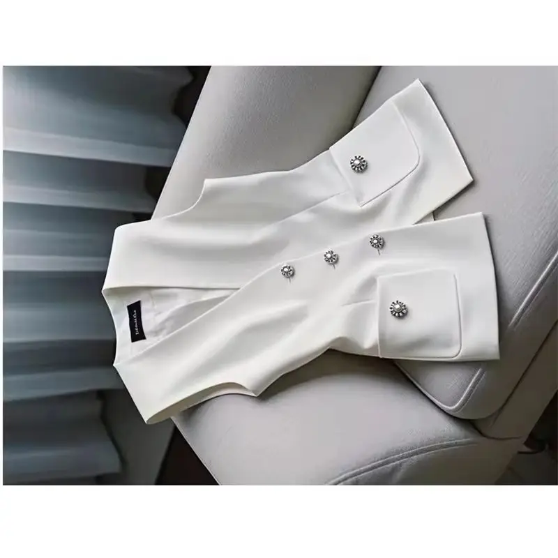 

French Elegant Fashion White Suit Vest Tops Women Summer High Waist Luxury Slim Sleeveless All-Match Coat Office Lady Waistcoat