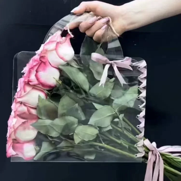 New Transparent Flower Bag with Handle Fresh Flower Bouquet Wrapping Boxes Wedding Birthday Party Gift Rose Packaging Handbags