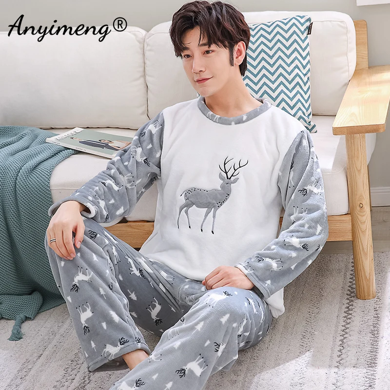 Winter New Warm Flannel Boy\'s Monster Bear Thick Pajama Sets Men Sleepwear Soft Fleece Sleep Leisure Preppy Man Pajamas Clothing