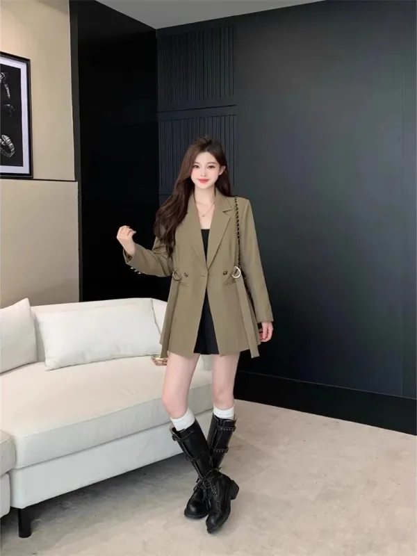 

Женский двубортный костюм больших размеров, средней длины, с завышенной талией, стройнящий, в британском стиле, с эффектом высокого класса