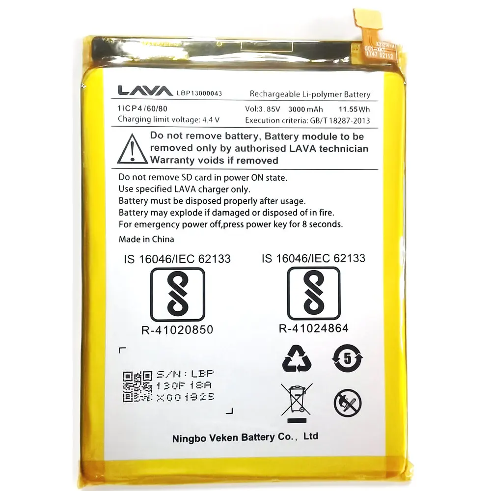 

3,85 В 11,55 Втч LAVA LBP13000043 Сменный литий-ионный полимерный аккумулятор для мобильного телефона 1ICP4/60/80