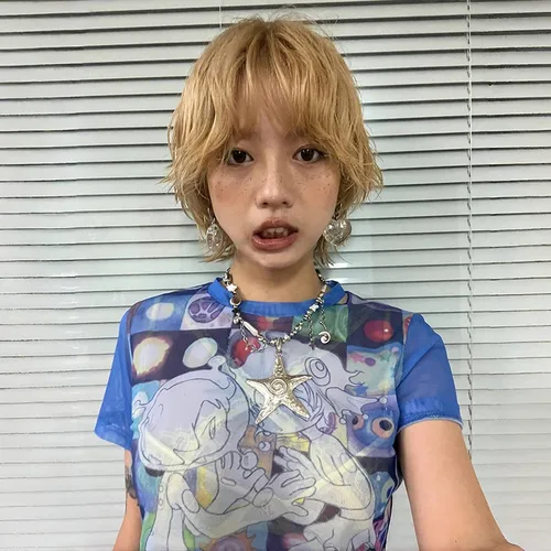 Imagen 2 del producto Karrram-Camiseta con estampado de Anime japonés Y2k, Top de malla de manga corta Harajuku de los años 2000, estética Vintage, Top transparente azul Dreamcore para chica electrónica