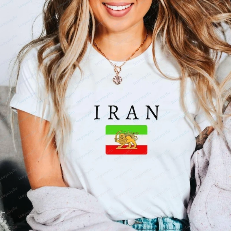 Iran-Flagge Unisex T-Shirt Persischer Löwe und Sonne Grafik-T-Shirt Shir-o-Khorshid Shirt Iranisches Erbe Geschenk Klassische Kleidung für Frauen