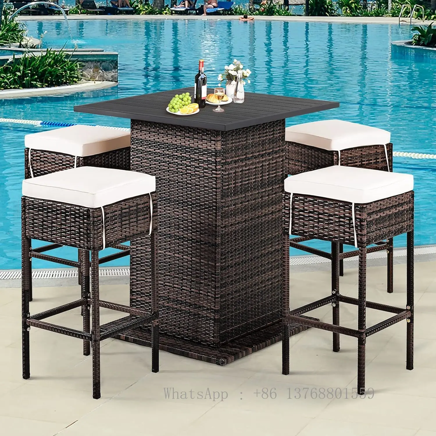 5 Piece Outdoor Rattan Bar Set, Patio Bar Furniture With 4 Cushions Stools And Smooth Top Table With Hidden Storage Shelf