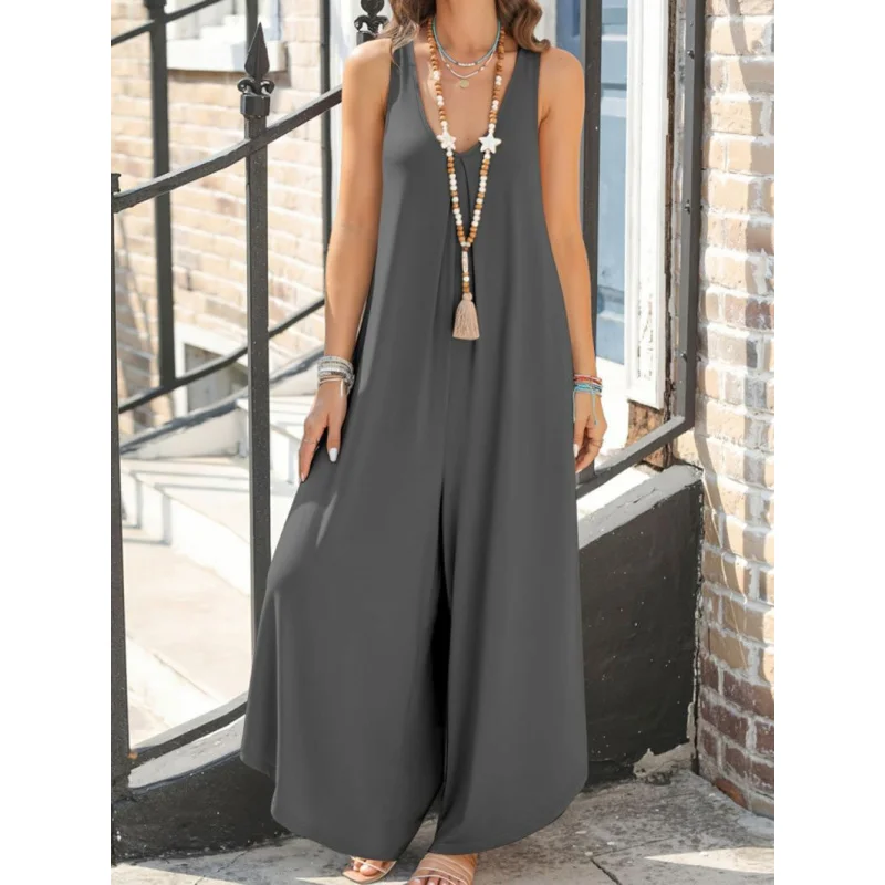 

Новый летний трансграничный женский элегантный повседневный однотонный комбинезон с широкими штанинами