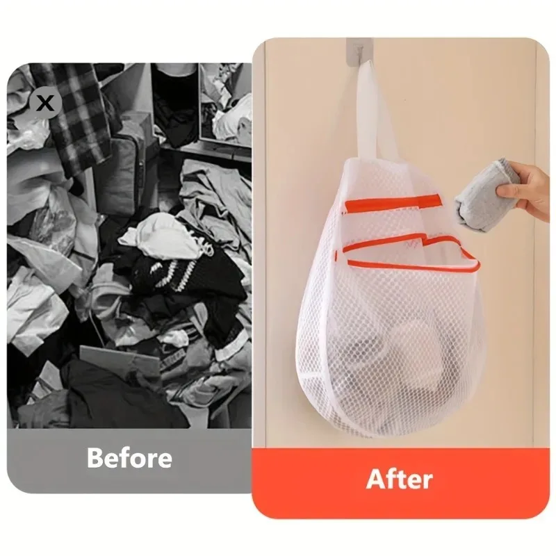 Double-Layer Mesh Multifunctional Hanging Organizer Bag Large Capacity Laundry Bag with Zippered Compartment And Side Pockets. - view 5