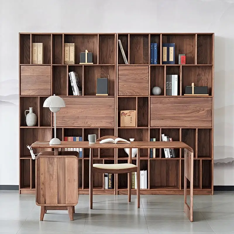 

North American Black Walnut All Solid Wood Bookshelf Cherry Wood Log Modern Lattice Storage Bookshelf