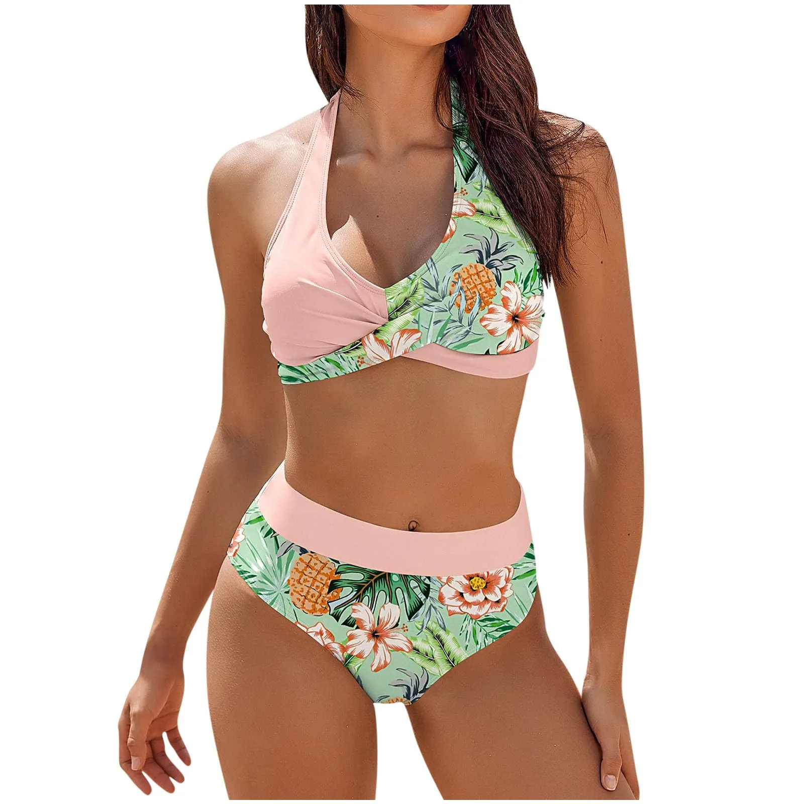 Women\'S Fashion High Waist Set Two Piece Colour Block Floral Printed Bust Cross Swimsuit Bikinis 2024 для полных Sexys Atrevidos