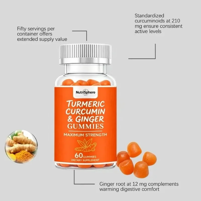 Curcumin and Ginger Supplements - Digestive and Joint Health Support 60 Gummies