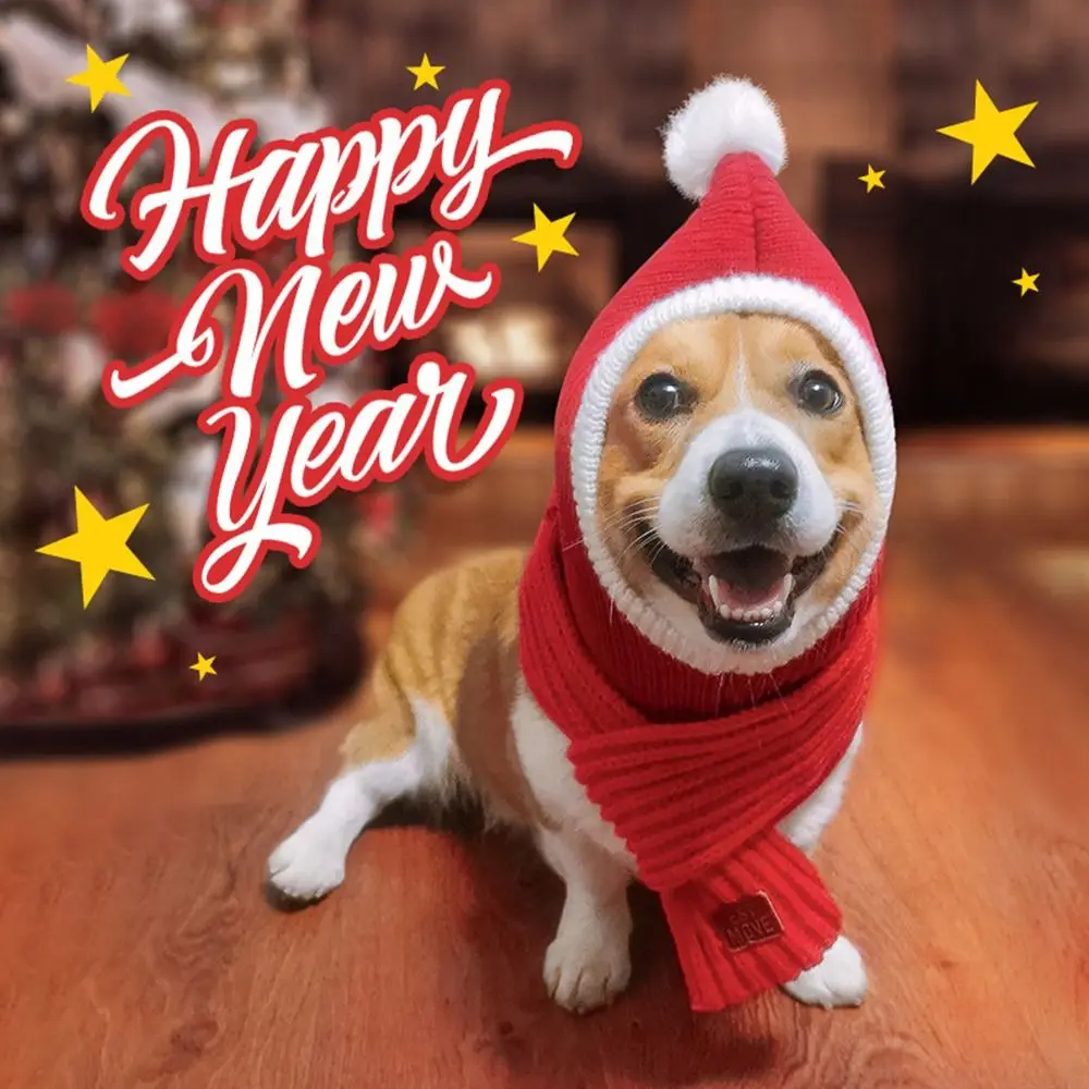 Cute Red Lucky Dog New Year Hat Shaggy Noise-proof Dog Calming Earmuffs Anxiety Relief Breathable Pet Neck Gaiter