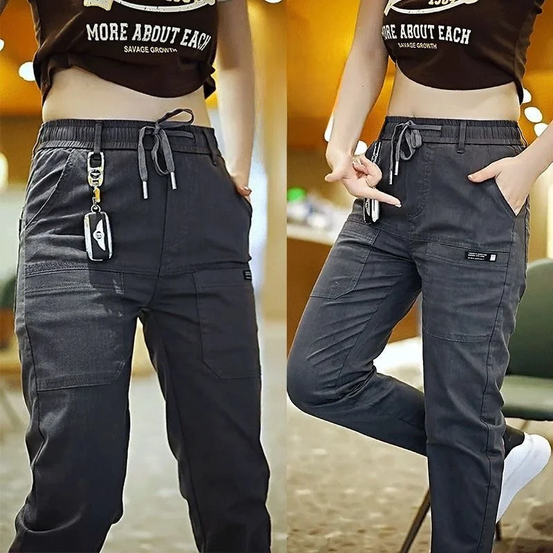 

Men's Workwear Sle Straight Leg Jeans Multiple kets Elastic Waist Casual Long Trousers Youth Faion mid Waist Fit