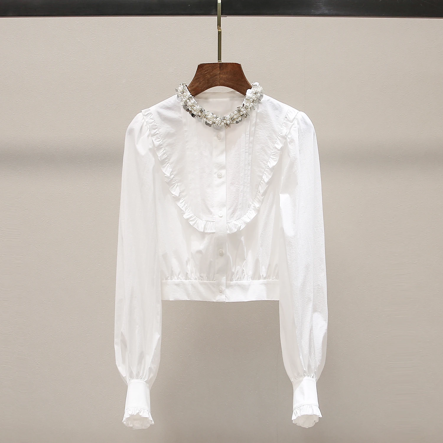 

Design Sensation Short Shirt round Neck Button Embellished Bead Spring New Arrival Women's French Style Straight Cut Long Sleeve