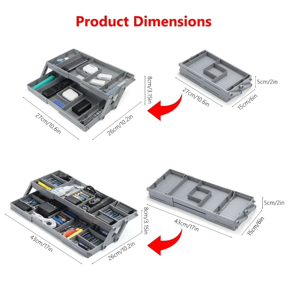 2/3 Tier Drawer Organizer Collapsible Expandable Desk Organizer Trays Multi Level Gray Desktop Storage Rack for Office Supplies