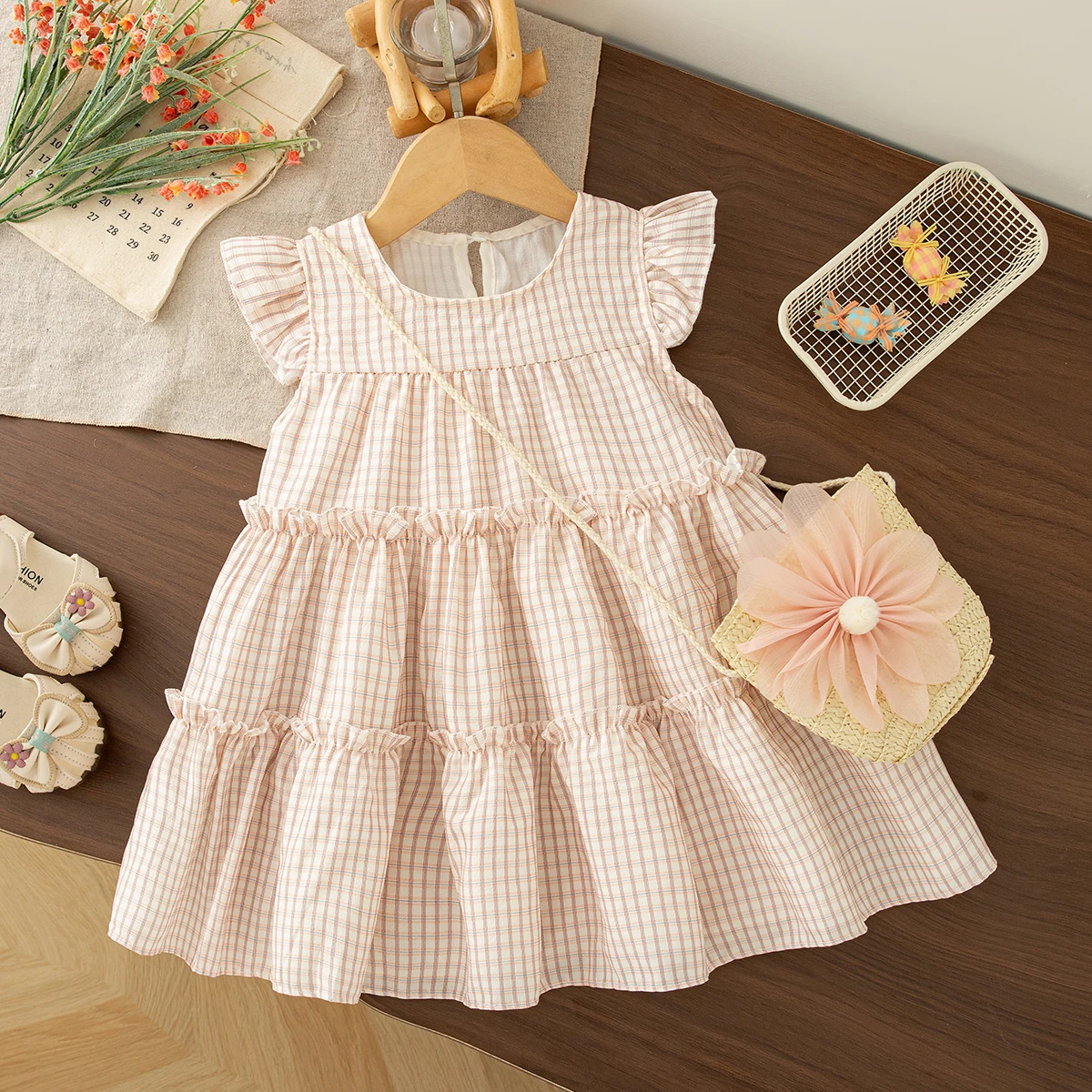 Baby Girl Dress Gift Bag Summer New Korean Style Sweet Plaid Daily Outdoor Wear Children's Clothing For 9 Months -4 Years Old