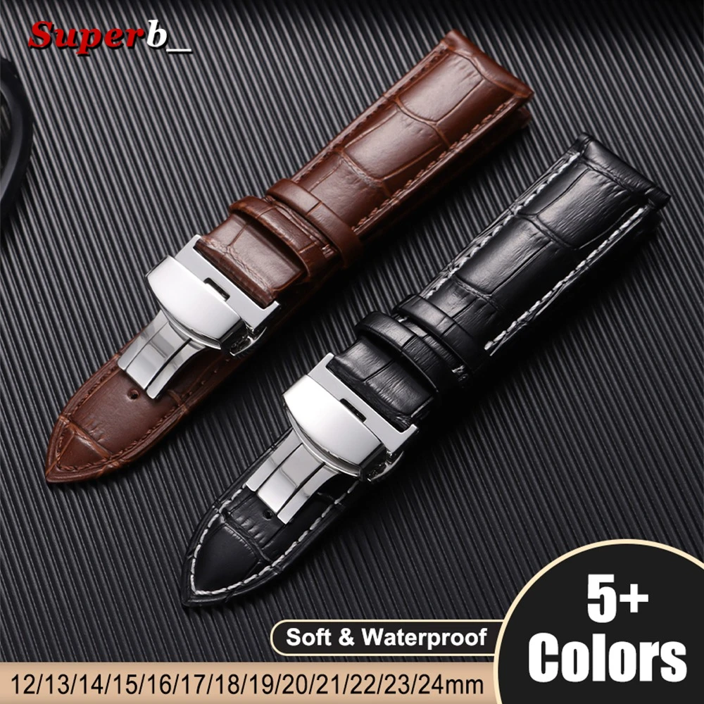 Butterfly Buckle Wristband 12/13/14/15/16/17/18/19/20/21/22/23/24mm Genuine Calfskin Leather Watch Starp Universal Leather Band