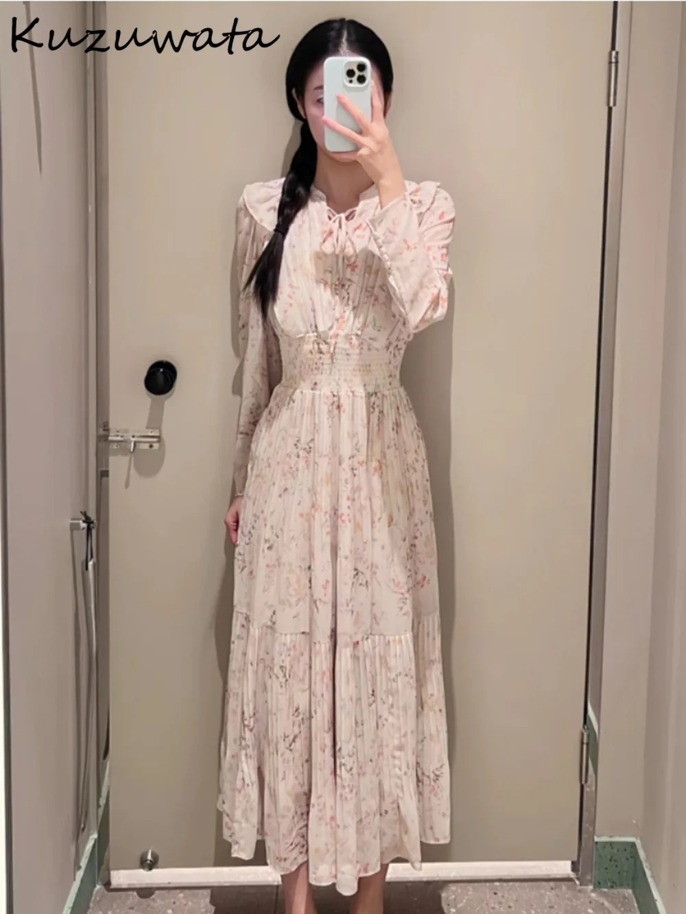 Kuzuwata French Style Stand Collar Puff Sleeve Print Dress Women Gentle Lace Up Pleated Chiffon Robe Japan High Waist Slim Mujer