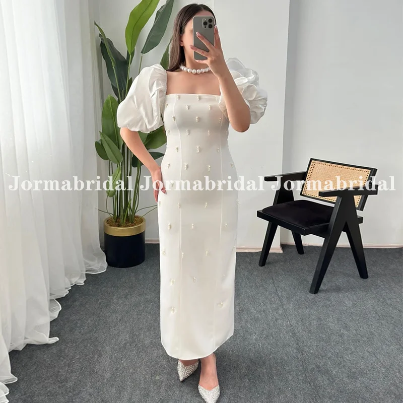 Square Neck Mid-Length Pearl Wedding Dress with Short Puff Sleeves Ankle Length Mermaid Bride Gown vestidos de fiesta Customized