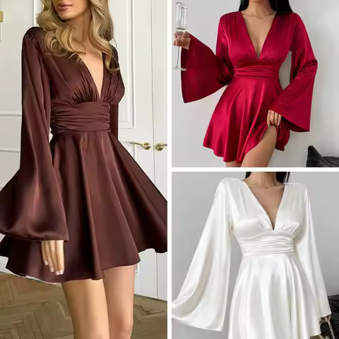 Elegant Fall Dress 2026, Women&lsquo;s V-Neck Solid Color Gown, Long Sleeve Chic Party Dress, Winter Evening Sophisticated