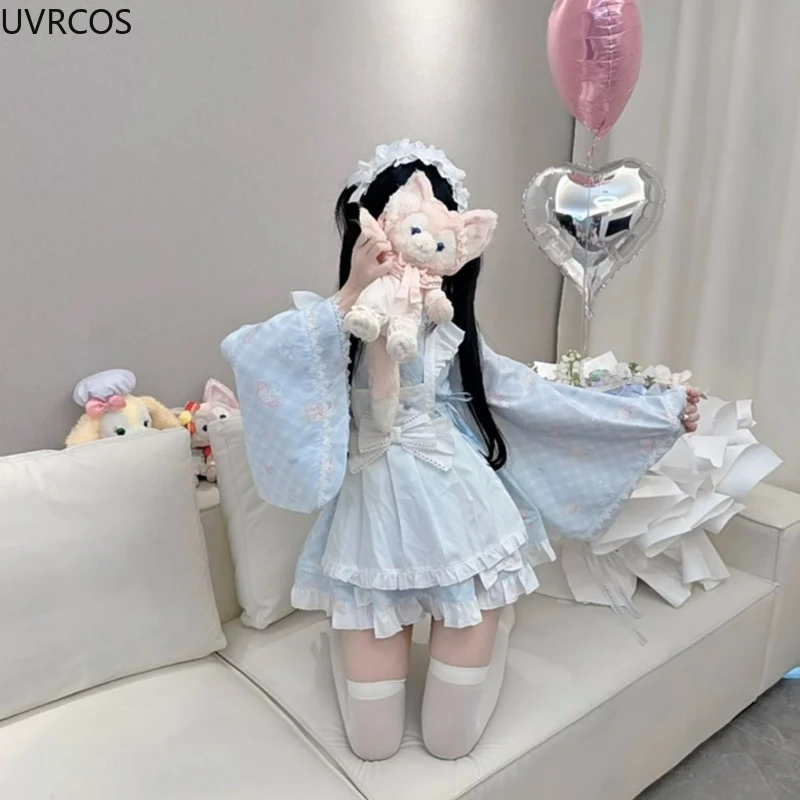 Japanese Sweet Lolita Style Dress Kawaii Cute Cartoon Print Princess Party Dresses with Bow Apron Cosplay Costume Maid Dress Set