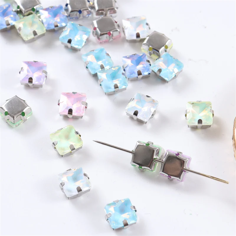 Square shape Glass Sew on rhinestones with sliver claw sewing stones for clothes shoes diy crystals