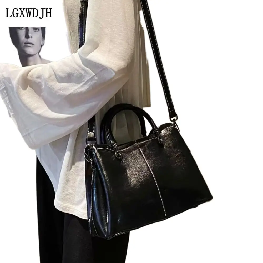 

Women's leather stitching shoulder bag Europe and America designer bag crossbody Retro horizontal square cowhide Handbags ladies