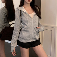 Gray Zipper Hooded Sweatshirt Women 2025 New Korean Slim Fit Cardigan Long Sleeve Coat Woman Solid Pockets Sports Hoodies Jacket
